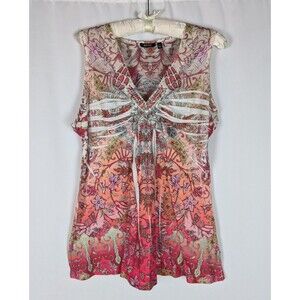 Y2K Apt 9 Paisley Floral Tunic Top L Rhinestone Embellished Sleeveless Burnout